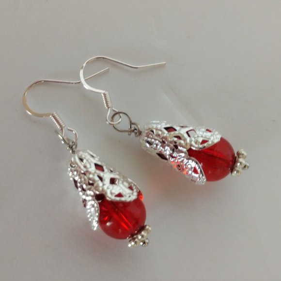 Handmade Red and Silver Filigree Beaded Earrings On Silver Tone Fishhooks 1.75in - Picture 5 of 14